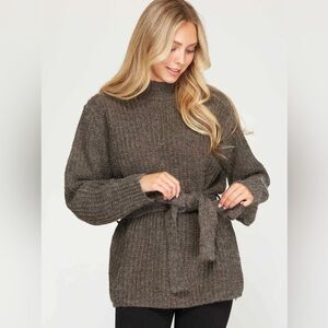 She + Sky Long Sleeve Knit Sweater Top with Waist Tie Size Large New with Tags